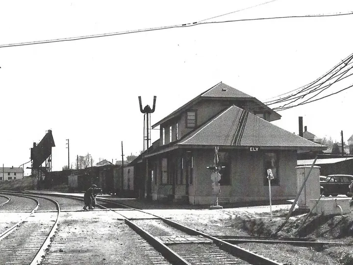The depot seen down the tracks with a mine headframe in the distance