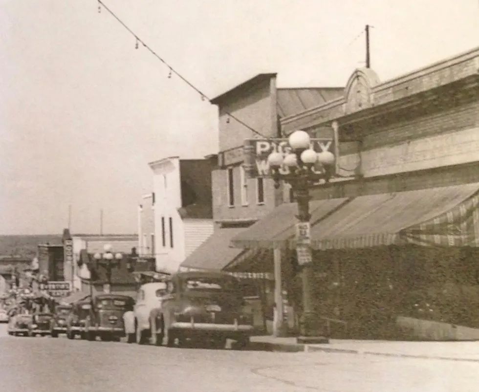 Close-up of the Piggly Wiggly sign and awnings on the corner