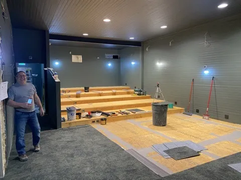 The Greenstone Cinema under construction with tiered risers for stadium seating