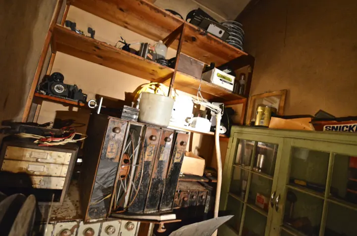 Shelves and film reel cabinets in the projection booth