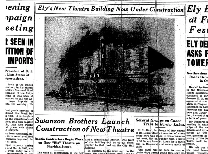 1936 newspaper page with the headline Ely's New Theatre Building Now Under Construction and a drawing of the Rio Theatre