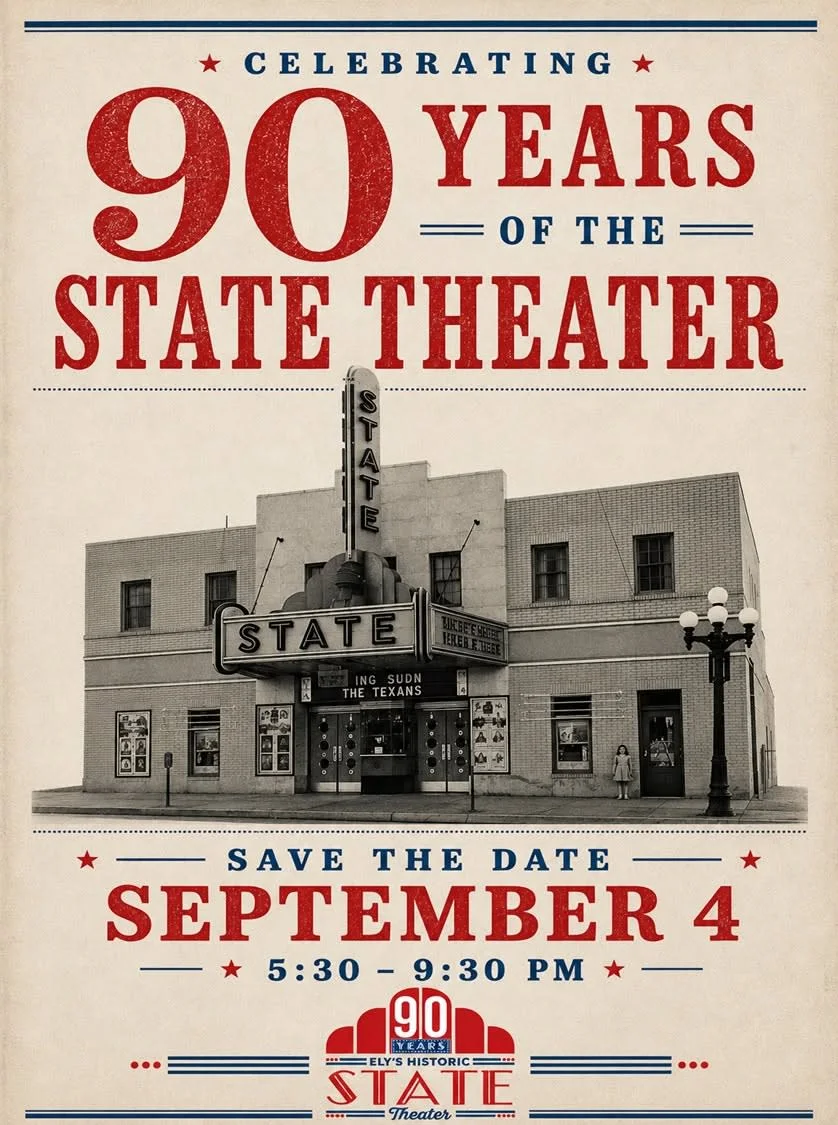 Poster celebrating 90 years of the State Theater, Save the Date September 4, 5:30 to 9:30 PM, with a vintage photo of the theater