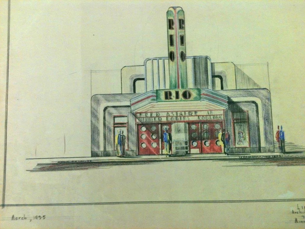 Colored pencil rendering of the Rio Theatre dated March 1935
