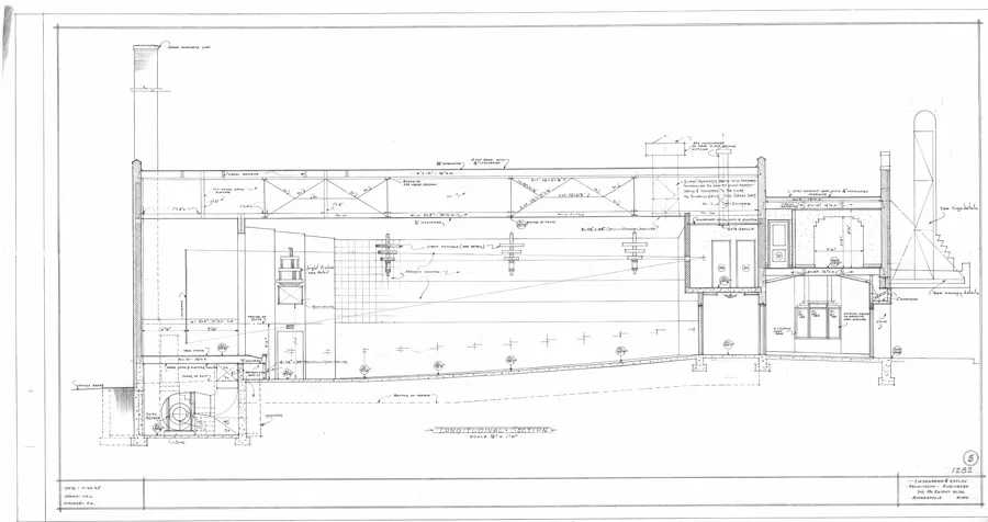 1935 architectural longitudinal section of the theater showing the sloped auditorium floor, roof trusses, light fixtures and sign