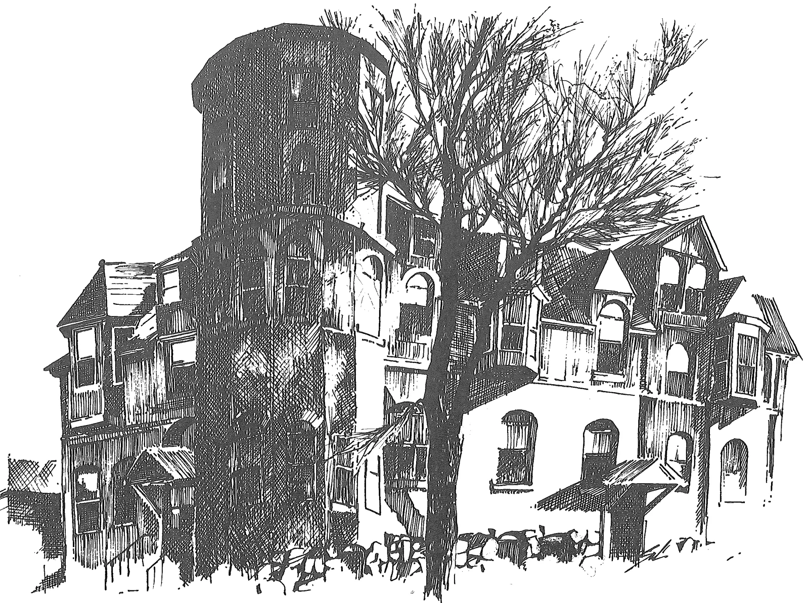 Pen and ink drawing of the Tanner Hospital with its tall round tower, gambrel roof and arched windows behind a bare tree